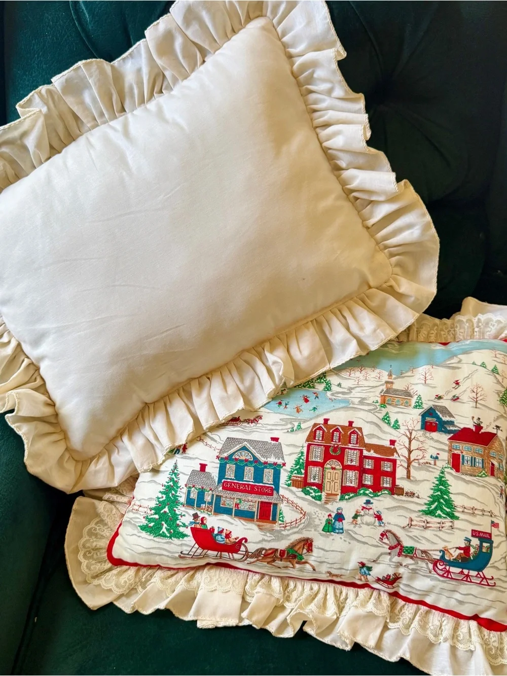 Vintage Handmade Holiday Village Ruffled Pillow Covers - Cream, Red & Blue
